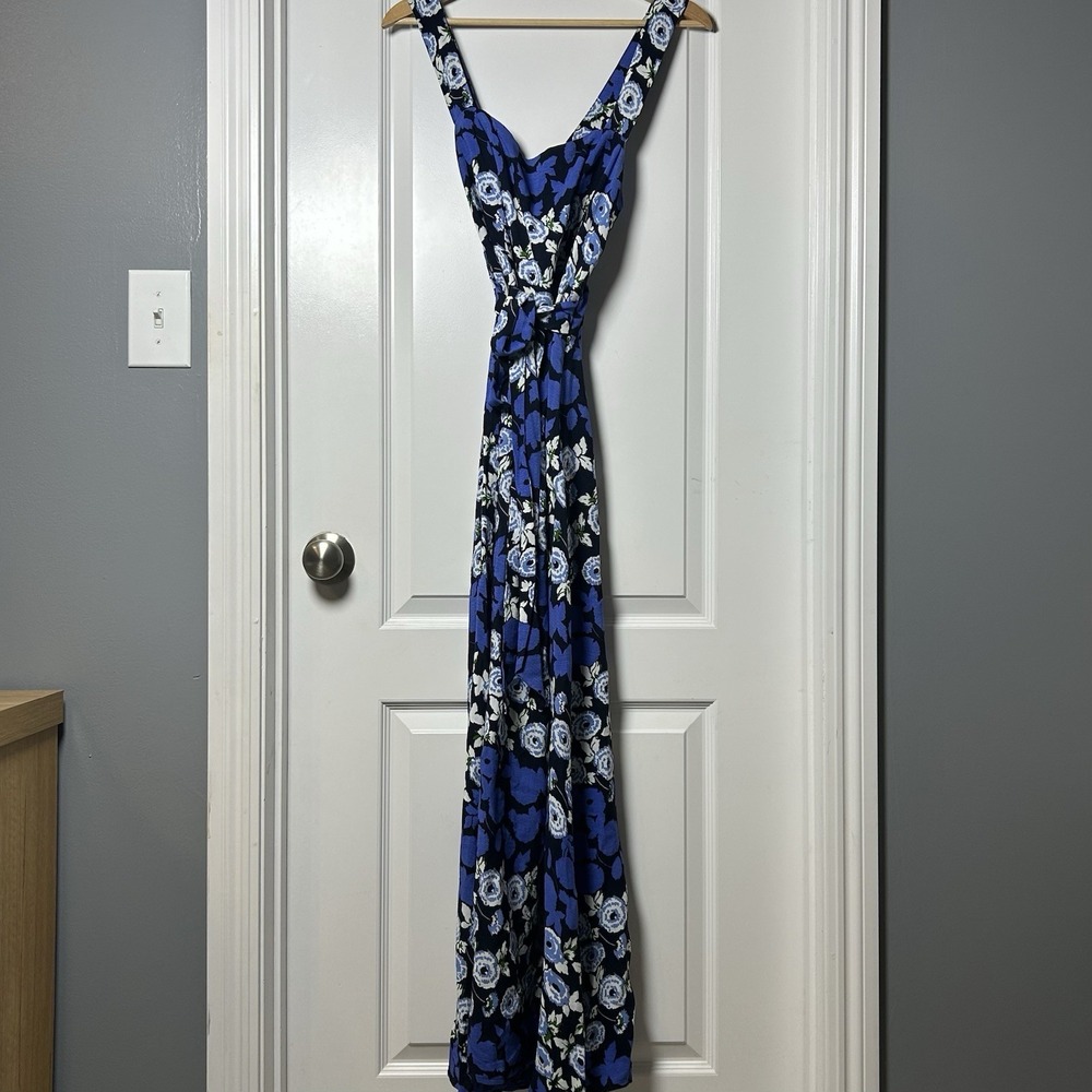 Maeve Anthropologie Navy Blue Floral Surplice Maxi Dress Coastal‎ Chic Style